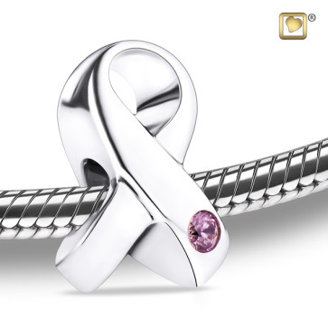 Silver Awareness Ribbon Cremation Charm with Pink Crystal for ashes