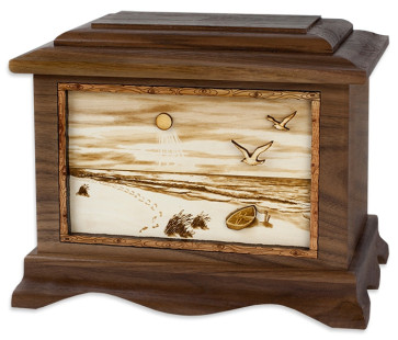 A Walk on the Beach Cremation Urn for Ashes with 3D Inlay Wood Art - Walnut
