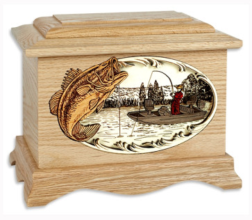 Boat Fishing Cremation Urn for Ashes with 3D Inlay Wood Art - Oak - Bass