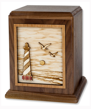 Cape Hatteras Lighthouse Urn with 3D Inlay Wood Art - Walnut