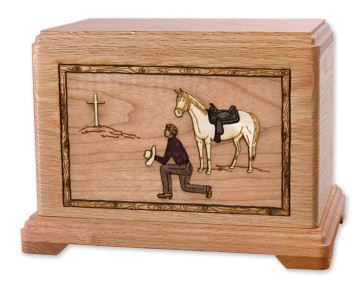 Cowboy Kneeling at Cross Cremation Urn for Ashes with 3D Inlay Wood Art