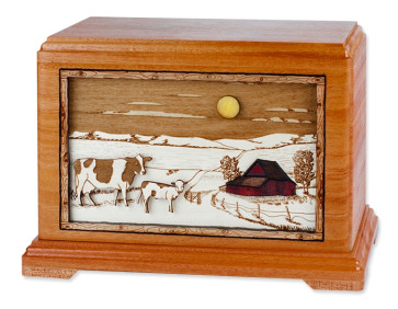 Dairy Cows Cremation Urn for Ashes with 3D Inlay Wood Art - Mahogany