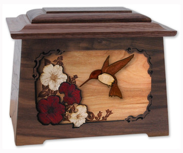 Hummingbird Cremation Urn for Ashes with 3D Inlay Wood Art - Walnut