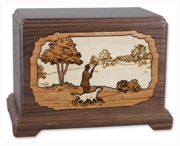 Hunter and Dog Cremation Urn for Ashes with 3D Inlay Wood Art - Walnut