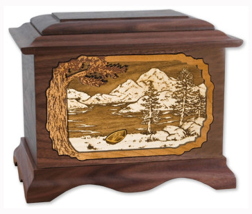 Mountain Lake Cremation Urn for Ashes with 3D Inlay Wood Art - Walnut