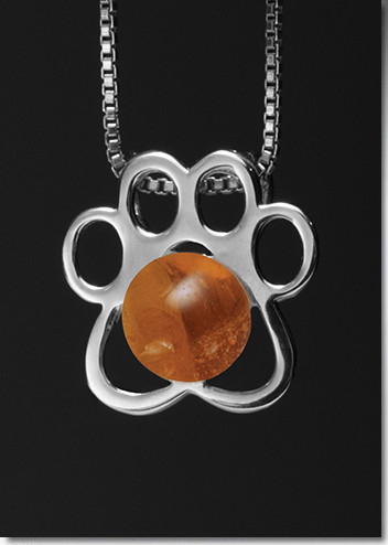 Paw Print Pendant with Amber Glass Cremation Pearl - Sterling Silver
