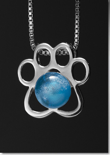 Paw Print Pendant with Aquamarine Glass Cremation Pearl - Sterling Silver