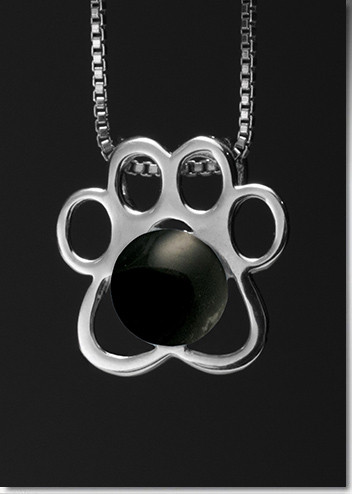Paw Print Pendant with Black Glass Cremation Pearl - Sterling Silver