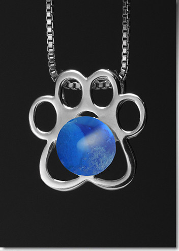 Paw Print Pendant with Blue Glass Cremation Pearl - Sterling Silver