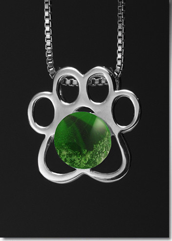 Paw Print Pendant with Green Glass Cremation Pearl - Sterling Silver