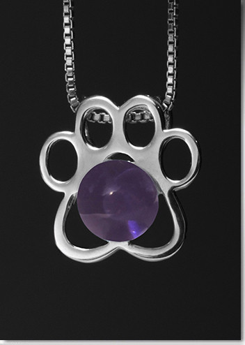 Paw Print Pendant with Purple Glass Cremation Pearl - Sterling Silver
