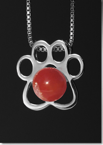 Paw Print Pendant with Red Glass Cremation Pearl - Silver
