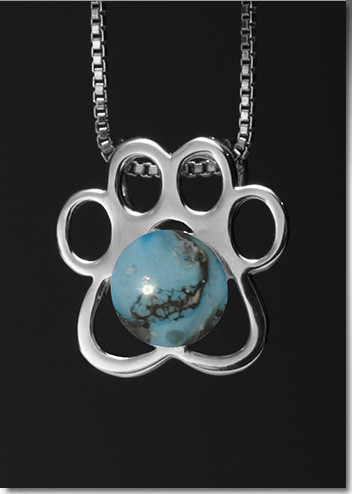 Paw Print Pendant with Turquoise Glass Cremation Pearl - Sterling Silver