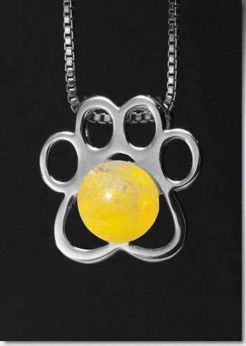 Paw Print Pendant with Yellow Glass Cremation Pearl - Sterling Silver