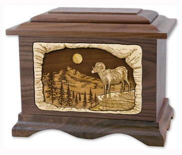 Ram Cremation Urn for Ashes with 3D Inlay Wood Art - Walnut