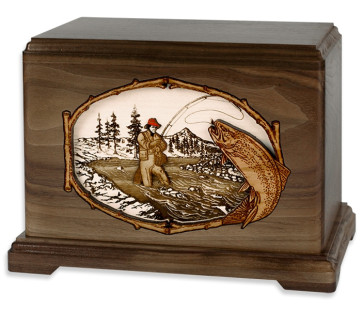 Stream Fishing Cremation Urn for Ashes with 3D Inlay Wood Art - Walnut - Trout