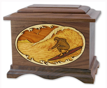 Surfer Cremation Urn for Ashes with 3D Inlay Wood Art - Walnut
