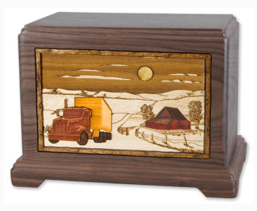 Trucker Cremation Urn for Ashes with 3D Inlay Wood Art - Walnut
