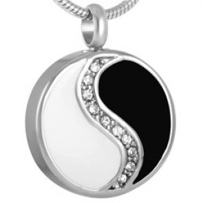 Yin Yang Stainless Steel, Enamel & Crystal Cremation Pendant that holds ashes