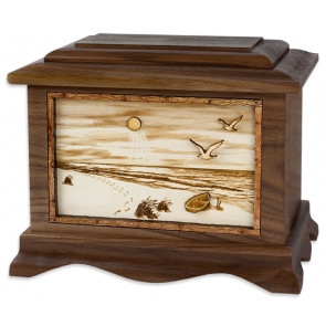 A Walk on the Beach Cremation Urn for Ashes with 3D Inlay Wood Art - Walnut