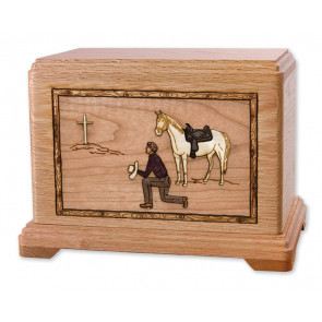 Cowboy Kneeling at Cross Cremation Urn for Ashes with 3D Inlay Wood Art