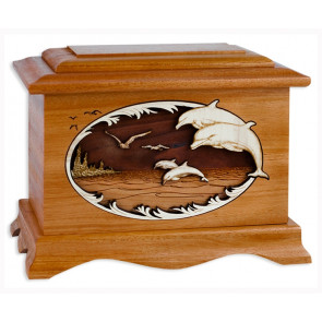 Dolphins Cremation Urn for Ashes with 3D Inlay Wood Art - Mahogany