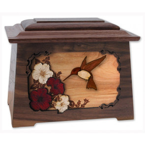 Hummingbird Cremation Urn for Ashes with 3D Inlay Wood Art - Walnut