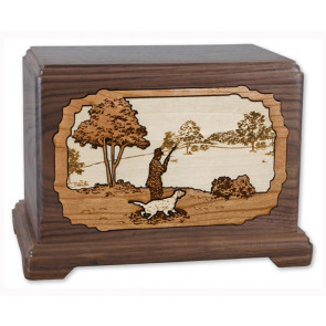 Hunter and Dog Cremation Urn for Ashes with 3D Inlay Wood Art - Walnut