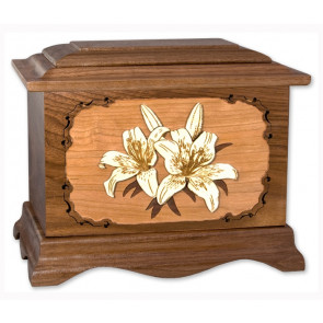 Lilies Cremation Urn for Ashes with 3D Inlay Wood Art - Walnut