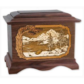 Mountain Lake Cremation Urn for Ashes with 3D Inlay Wood Art - Walnut