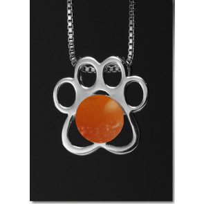 Paw Print Pendant with Orange Glass Cremation Pearl - Sterling Silver