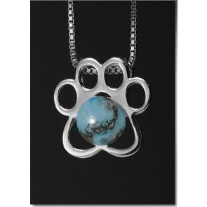 Paw Print Pendant with Turquoise Glass Cremation Pearl - Sterling Silver