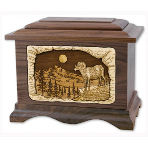 Ram Cremation Urn for Ashes with 3D Inlay Wood Art - Walnut