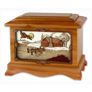 Rustic Paradise Cremation Urn for Ashes with 3D Inlay Wood Art - Mahogany