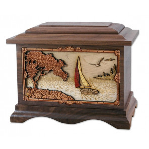 Soft Breezes Sailing Cremation Urn for Ashes with 3D Inlay Wood Art - Walnut
