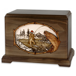 Stream Fishing Cremation Urn for Ashes with 3D Inlay Wood Art - Walnut - Trout