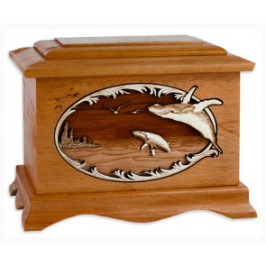 Whales Cremation Urn for Ashes with 3D Inlay Wood Art - Mahogany
